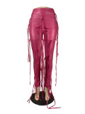Fashion Wish Strapped Straps Solid Color Zipper Leather Pants