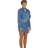 Quality Fashion Stretch Cotton Made Old Fringed Denim Skirt Suit