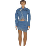Quality Fashion Stretch Cotton Made Old Fringed Denim Skirt Suit