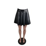 Sexy High Waist Wave Pleated Net Red PU Short Leather Skirt