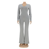 Autumn And Winter Tight V-neck Sexy Flared Jumpsuit