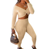 Fashion Solid Color Twisted Top Trousers Sweater Suit