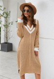 Wish Explosion V-neck Hit Color Pullover Mid-length Sweater Dress