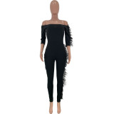 Sexy Feather-trimmed One-shoulder Jumpsuit