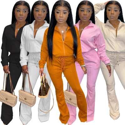 Sexy Two-piece Suit With Solid Color Zipper Elastic Horn