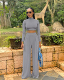 High-neck Solid Color Casual Wide-leg Pants Long-sleeved Suit