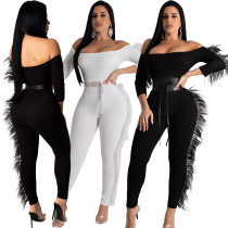 Sexy Feather-trimmed One-shoulder Jumpsuit