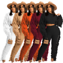 Casual Solid Color Knitted Long-sleeved Tassel Suit