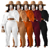 Casual Solid Color Knitted Long-sleeved Tassel Suit