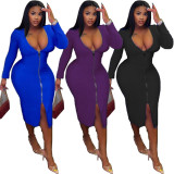 Pure Color Zipper Plus Size Casual Dress