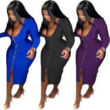 Pure Color Zipper Plus Size Casual Dress