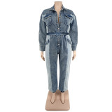 Large Size Denim Wash Water Color Matching Casual Jumpsuit