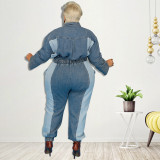 Large Size Denim Wash Water Color Matching Casual Jumpsuit