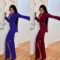 Fashionable Jumpsuit With Solid Color Leg Slits