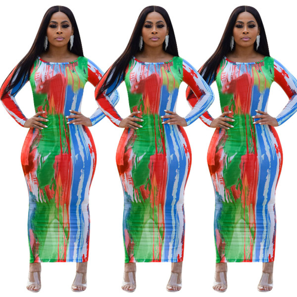 Casual Tie-dye Printed Back Slit Long-sleeved Dress