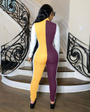 Fashion Multi-Color Color Matching Slim-Fit Bag Hip Pit Striped Jumpsuit