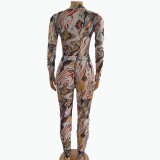 Ink Graffiti Printed Mesh Tight-fitting Two-piece Suit