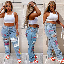 Fashion Sexy Jeans With Printed Ripped Holes