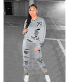 Letter Graffiti Printed Sweater Two-piece Suit