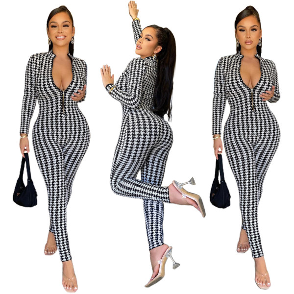 Temperament Stand-up Collar Houndstooth Print Jumpsuit
