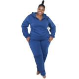 Solid Color Zippered Pocket With Hood, Plus Size Two-piece Suit