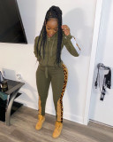 Leopard Print Stitching Casual Hooded Zipper Two-piece Suit