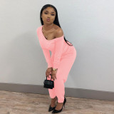Sexy Solid Color Beveled Neckline Waist Long-sleeved Jumpsuit