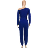 Sexy Solid Color Beveled Neckline Waist Long-sleeved Jumpsuit