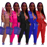 Pure Color Stretch Zipper Jumpsuit (Including Belt)