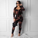 Trendy Printing Casual Two-piece Jacket + Jumpsuit