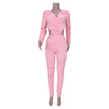 Sexy Zipper Pleated Long-sleeved V-neck Jumpsuit