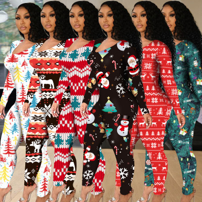 2021 Long-Sleeved Sexy Low-Cut Large Size Skinny Christmas Print Jumpsuit