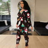 2021 Long-Sleeved Sexy Low-Cut Large Size Skinny Christmas Print Jumpsuit