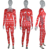 2021 Long-Sleeved Sexy Low-Cut Large Size Skinny Christmas Print Jumpsuit