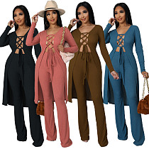 Solid Color Pit Striped Lace-up Cardigan Flared Pants Two-piece Suit
