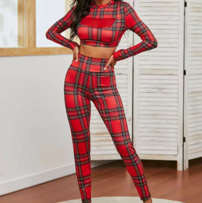 2021 New Christmas Plaid Printed Yoga Pants Sports Two-piece Set