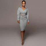 Fleece Sweater V-neck Hoodie Casual Split Skirt Two-piece Suit