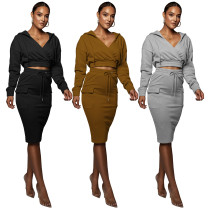 Fleece Sweater V-neck Hoodie Casual Split Skirt Two-piece Suit