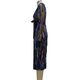 Printed Long Sleeve V-Neck Slim One-piece Dress