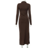 Casual Stitching Round Neck Long Sleeve Reverse Long Skirt Suit