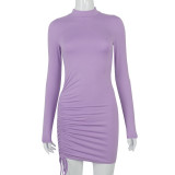 Solid Color High-necked Long-sleeved Pleated Lace-up Mini Dress