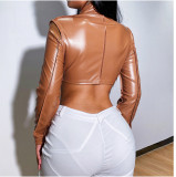 Sexy Open Waist Solid Color Leather Jacket