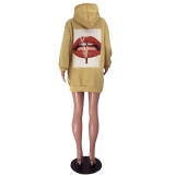 Hooded Loose Pocket Sweater Long Sleeve Lip Dress