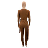 Round Neck Tie Knotted Slits Sanded Fashionable Sexy Two-piece Suit
