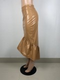 Trendy Fashion Ruffled Half-length Leather Skirt