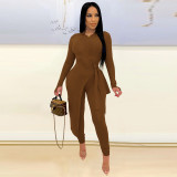 Round Neck Tie Knotted Slits Sanded Fashionable Sexy Two-piece Suit