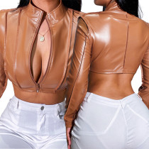 Sexy Open Waist Solid Color Leather Jacket