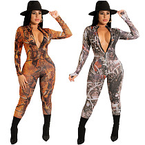 Tight Zipper Sexy Printed Jumpsuit