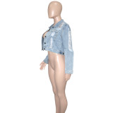 Plain Denim Jacket With Ripped Holes
