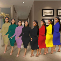 Fashion High Neck Long Sleeve Tight Dress